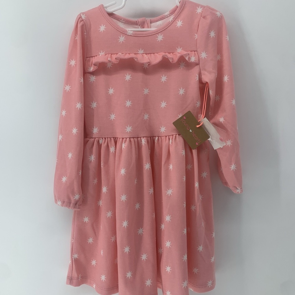 Young Hearts Long Sleeve Dress Pink With White Star Burst Size 5 NEW WITH TAGS